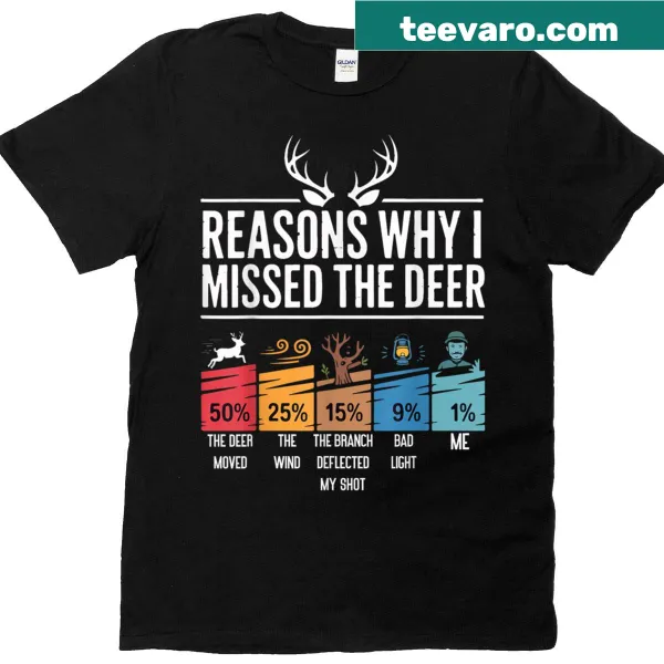 Humorous t-shirt featuring funny reasons for deer hunting