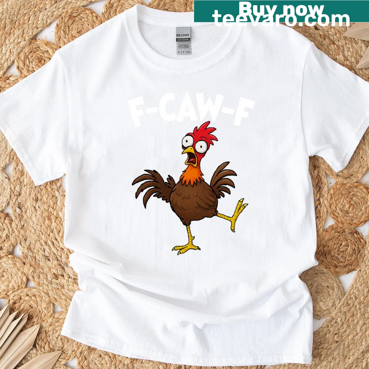 Funny chicken-themed T-shirt with the phrase 'F-caw-f Chicken Fcawf' — on a men's t-shirt