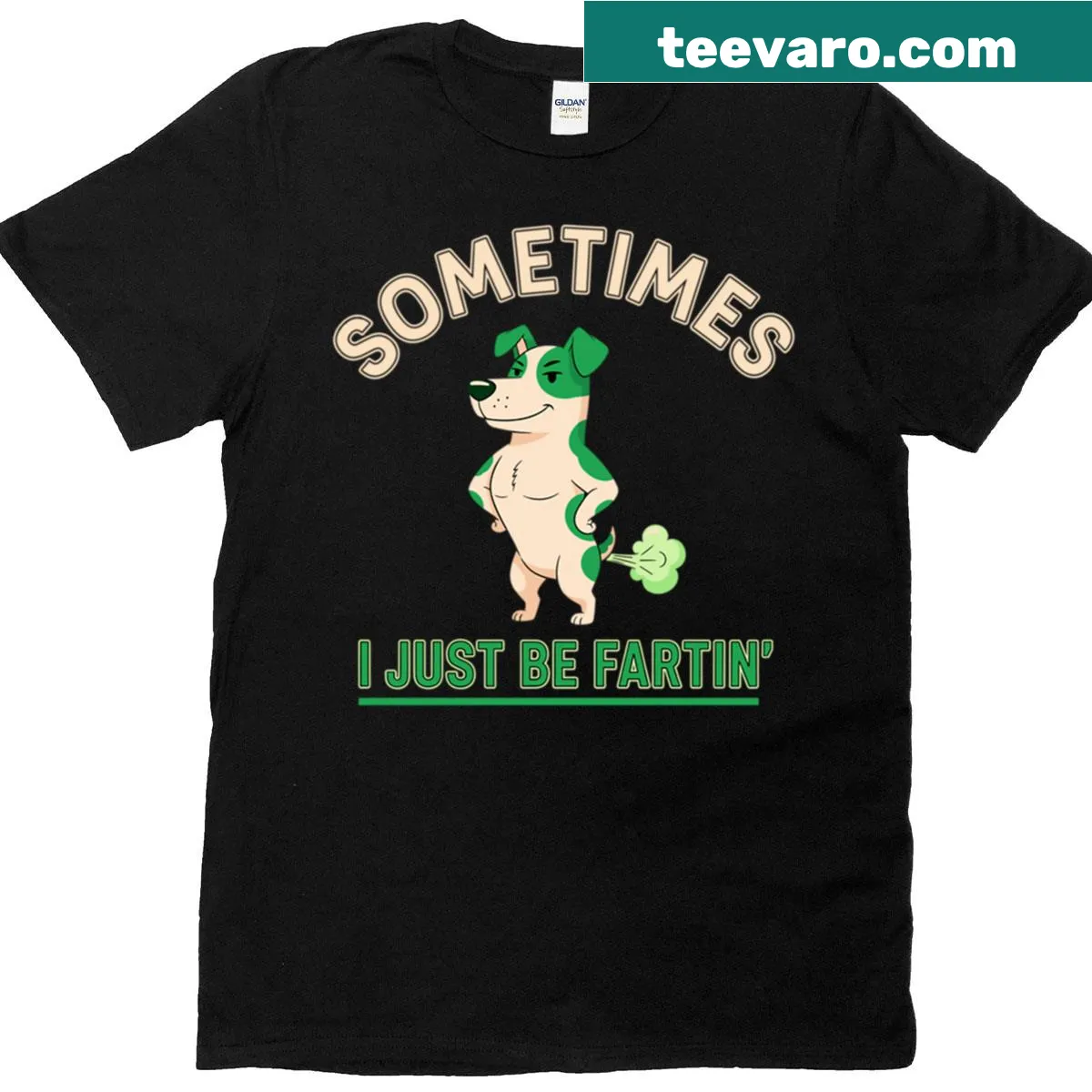 Cartoon dog graphic T-shirt with funny farting joke — on a men's t-shirt