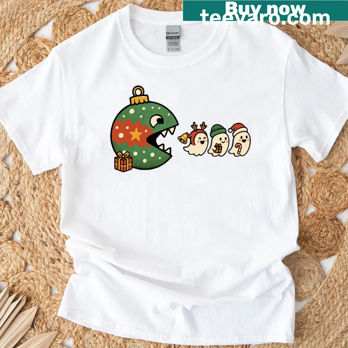 Funny holiday t-shirt with ghosts eating ornaments — on a men's t-shirt