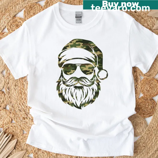 Funny camouflage t-shirt featuring a cartoon Santa face