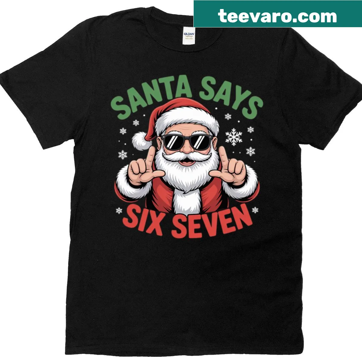 Humorous text shirt with Santa says 'Six Seven' meme design — on a men's t-shirt