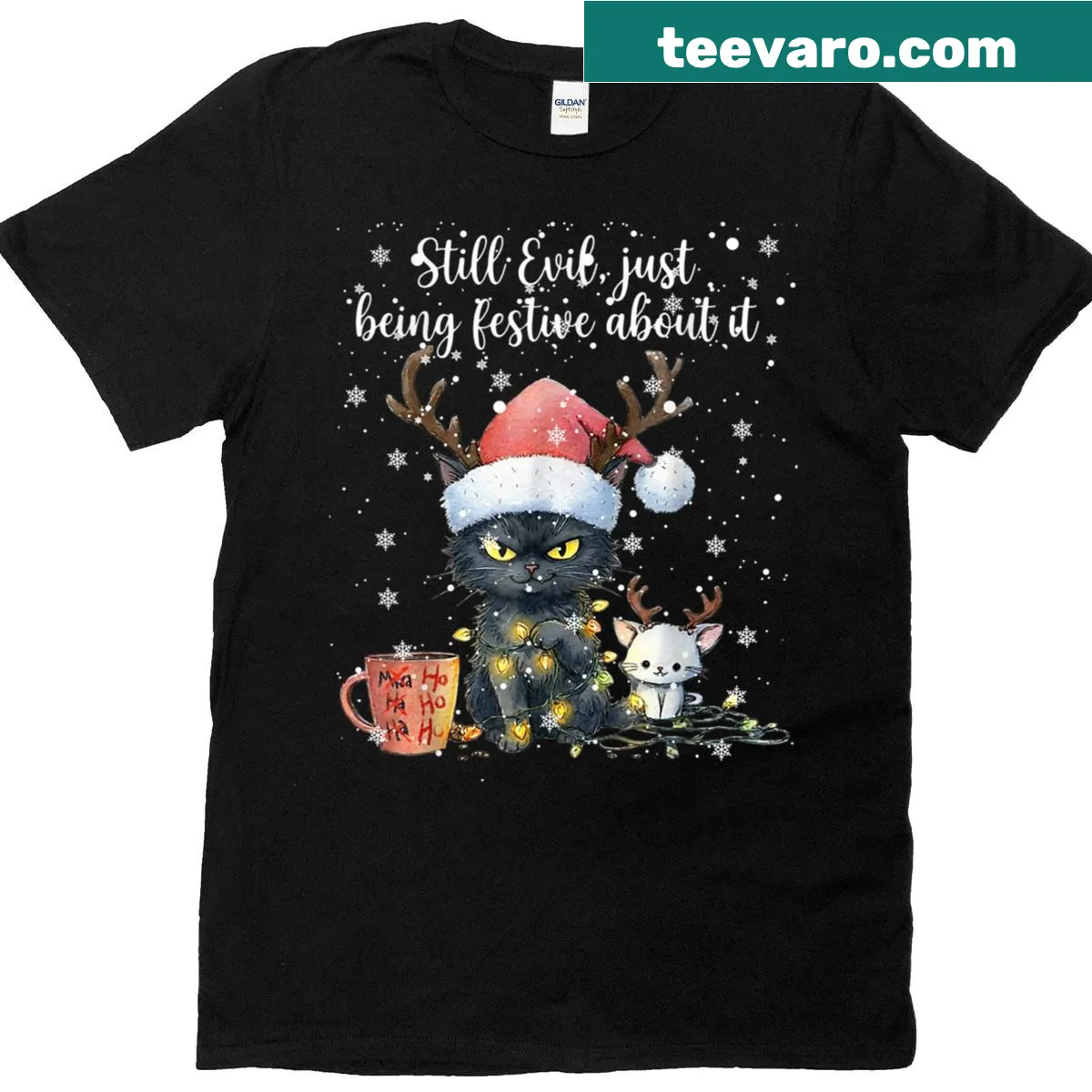 Humorous Christmas cat shirt with festive design — on a men's t-shirt