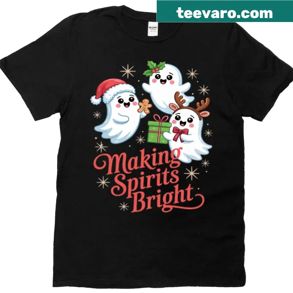 Holiday-themed T-shirt with playful ghosts and a festive message