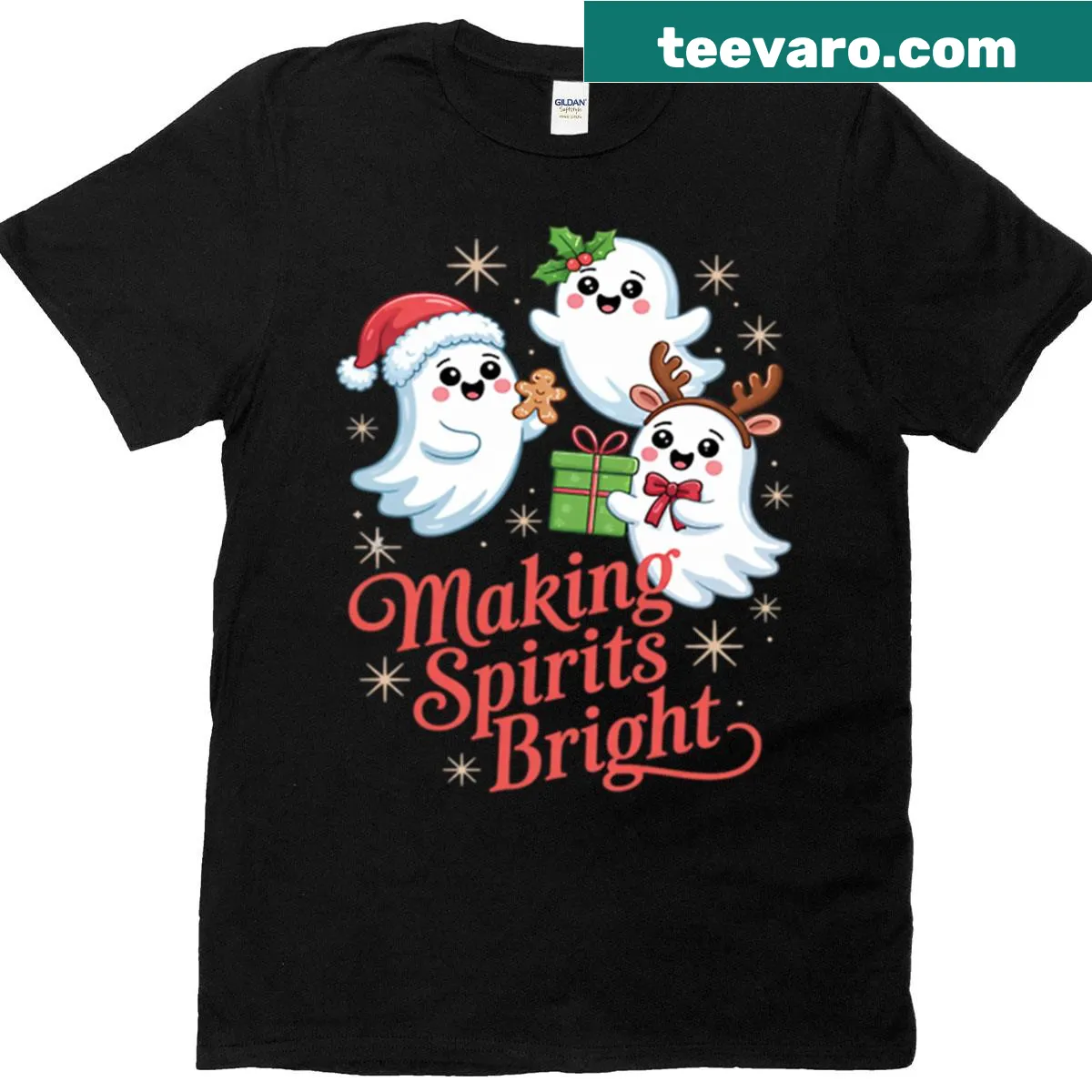Holiday-themed T-shirt with playful ghosts and a festive message — on a men's t-shirt