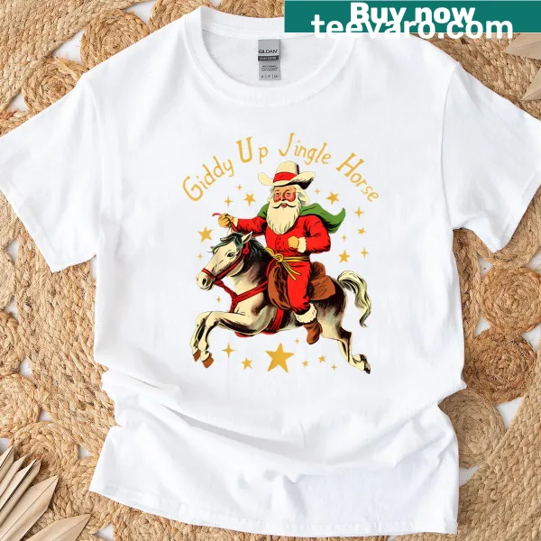 Retro Santa cowboy t-shirt with humorous 'Giddy Up Jingle Horse' text