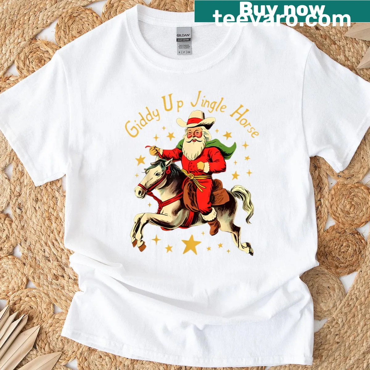 Retro Santa cowboy t-shirt with humorous 'Giddy Up Jingle Horse' text — on a men's t-shirt