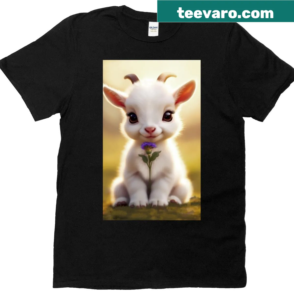Whimsical goat T-shirt with flower design — on a men's t-shirt