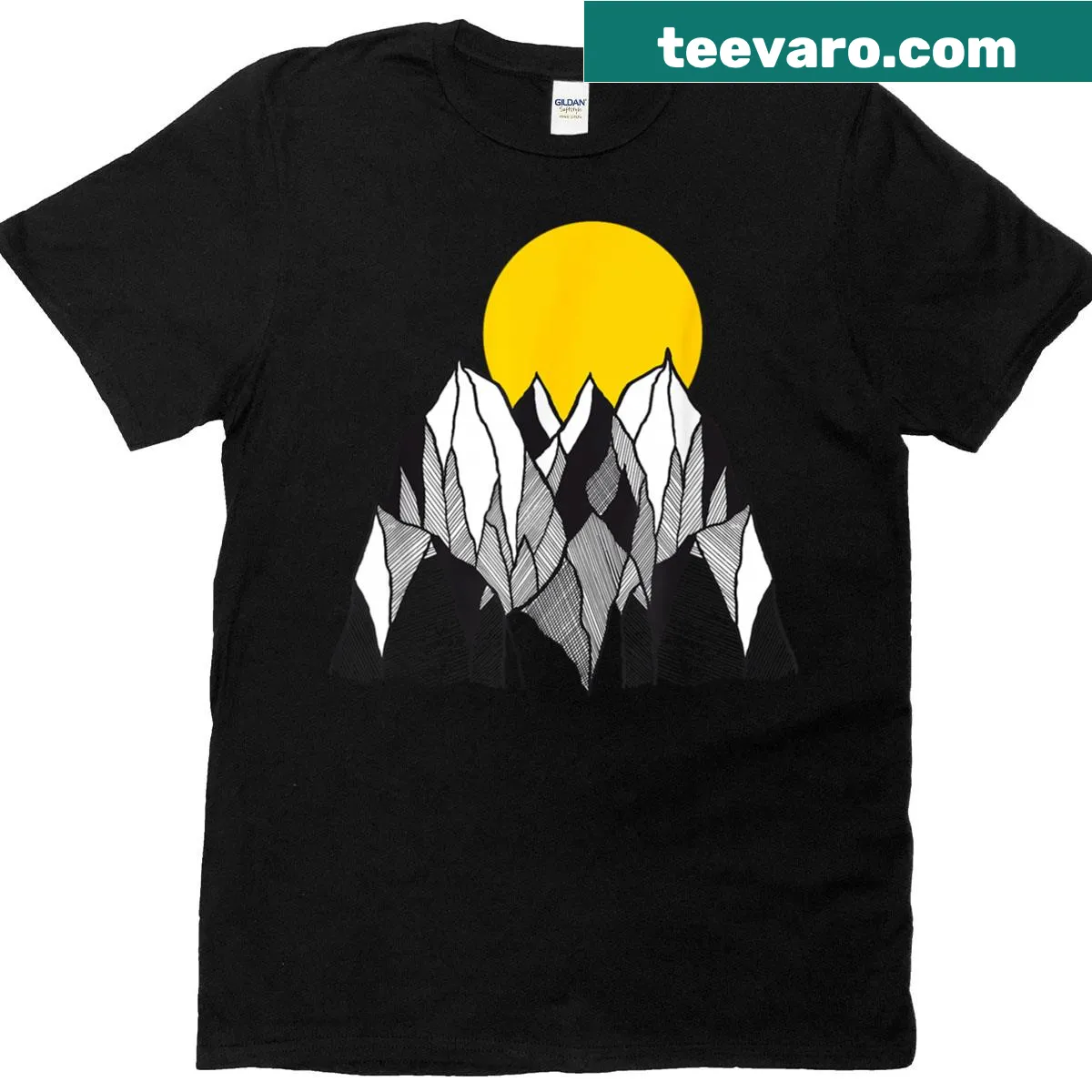 Illustration of golden sun rising over mountain peaks — on a men's t-shirt