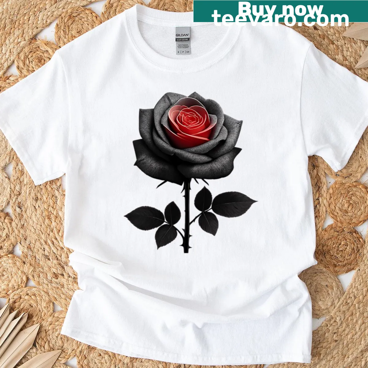 Gothic illustration of a black rose with a red glow on a T-shirt — on a men's t-shirt