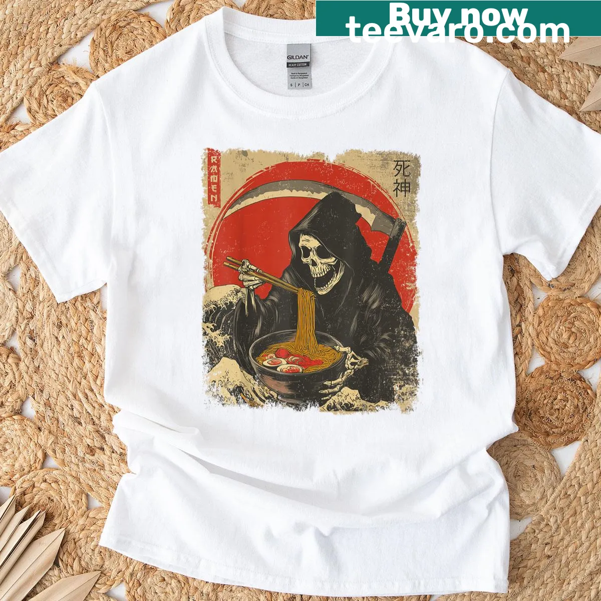 Cartoon Grim Reaper skeleton enjoying ramen on t-shirt — on a men's t-shirt