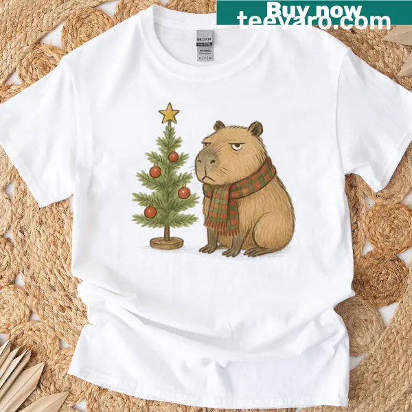 Funny illustration of a grumpy capybara with a Christmas tree