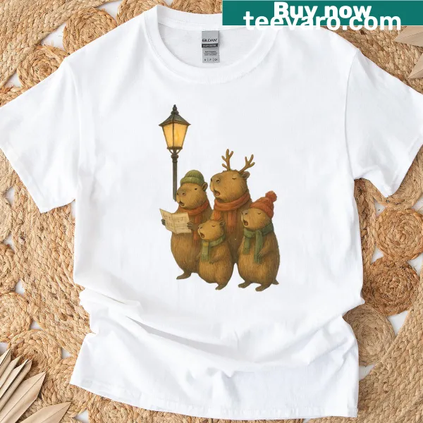 Festive Christmas t-shirt featuring hand-drawn capybara carol singers