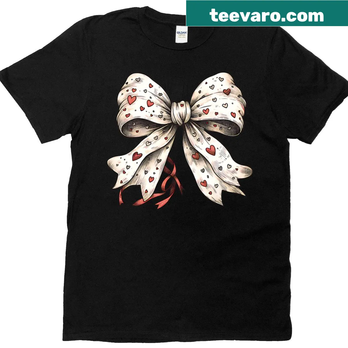 Hand-drawn heart with a bow on a red background — on a men's t-shirt