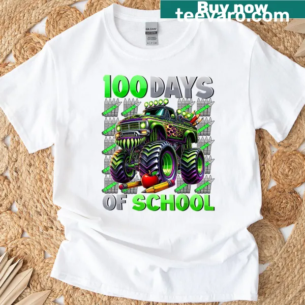 Fun monster truck graphic tee celebrating 100 days of school