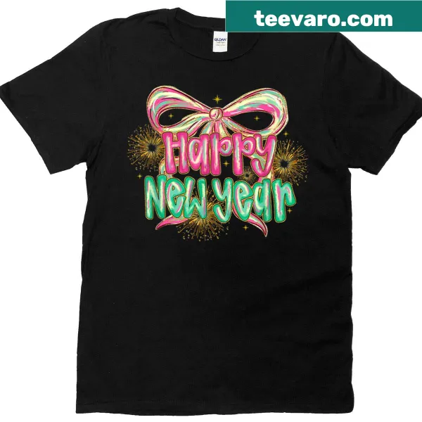 Vintage-style 'Happy New Year 2026' text with a bow on a T-shirt.