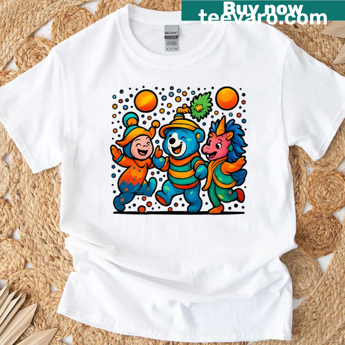 T-shirt featuring playful illustrations of happy space creatures — on a men's t-shirt