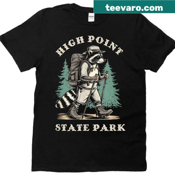 Illustrated raccoon design celebrating hiking in High Point State Park