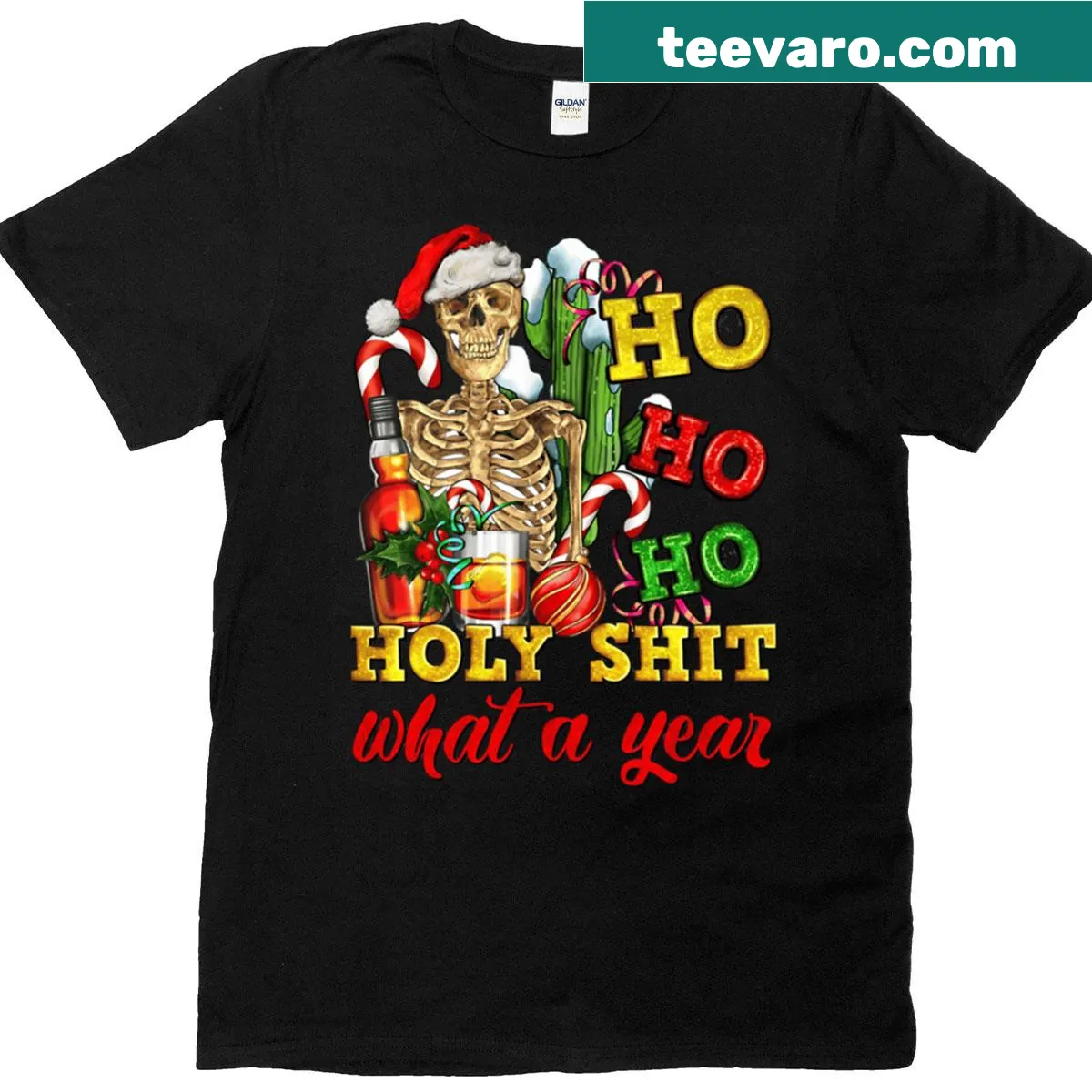 Festive t-shirt featuring a humorous skeleton Santa in a hat with cactus and whisky — on a men's t-shirt
