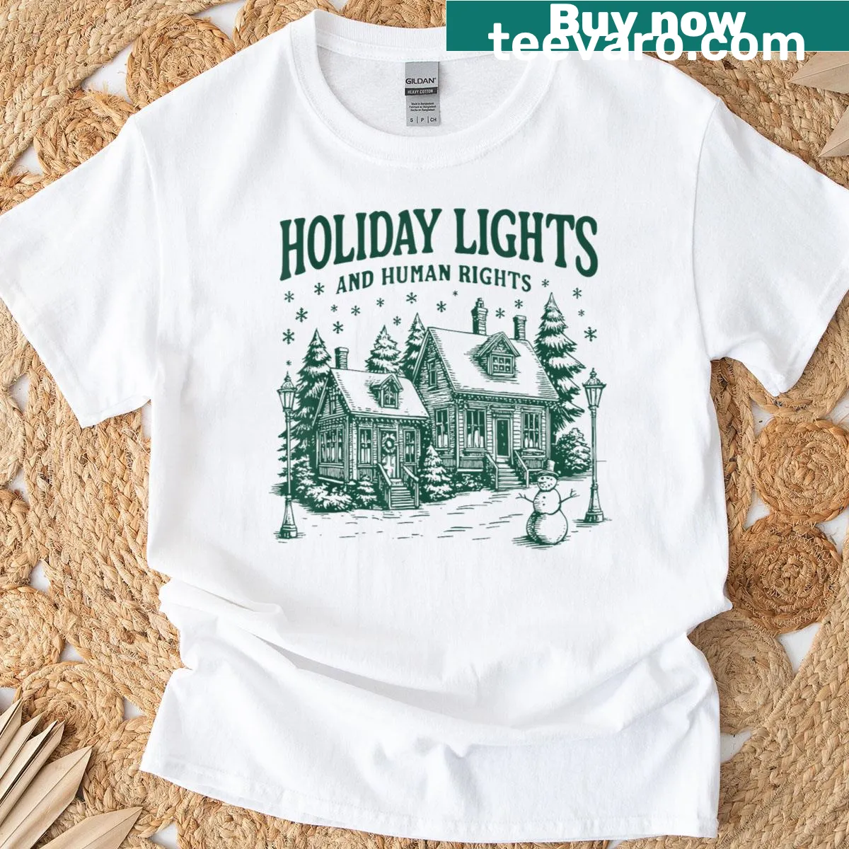 Vintage winter scene t-shirt with holiday lights and a meaningful message — on a men's t-shirt