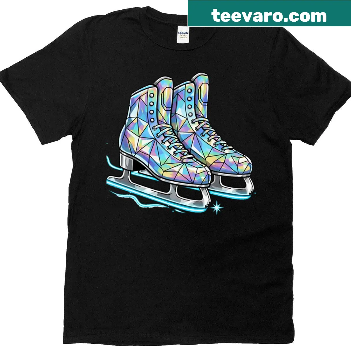 Geometric silhouette of ice skates with holographic effect — on a men's t-shirt
