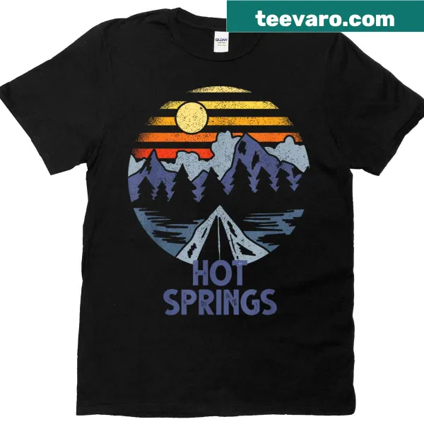 T-shirt inspired by Hot Springs, NC, featuring camping and Blue Ridge Mountains imagery.