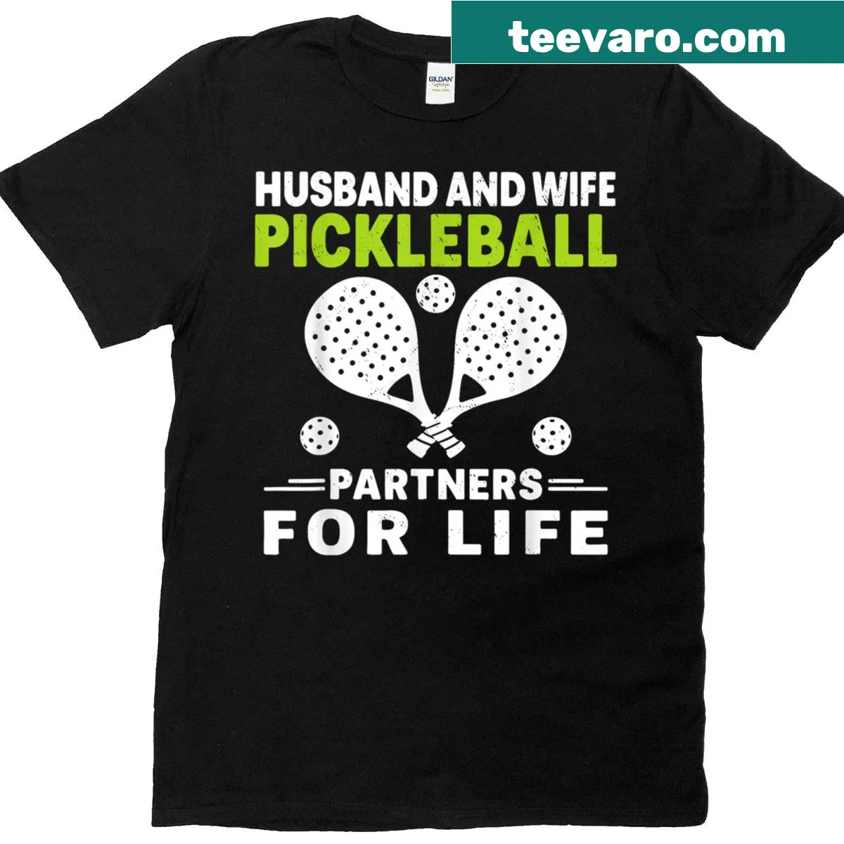 Couples t-shirt celebrating pickleball partnership with playful typography — on a men's t-shirt