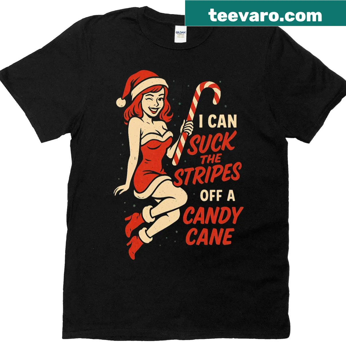 Retro pin-up graphic tee with humorous candy cane slogan — on a men's t-shirt