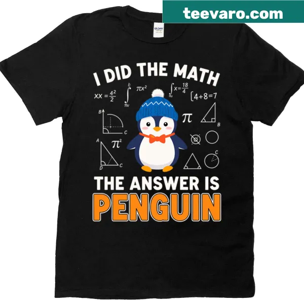 Playful penguin illustration with math theme on a t-shirt