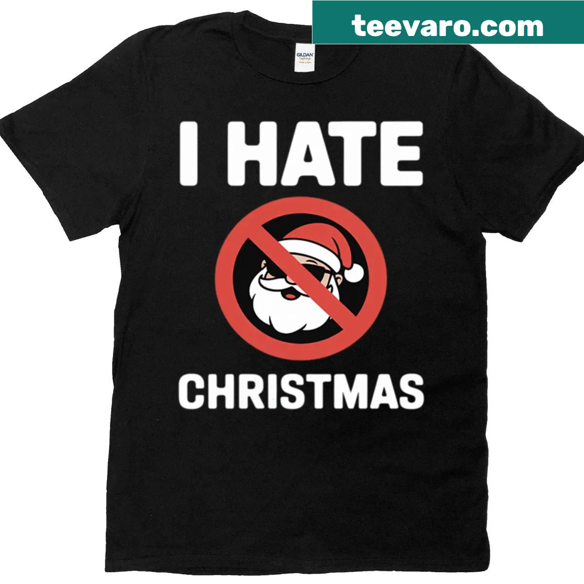 Edgy Santa Claus illustration with text expressing dislike for Christmas — on a men's t-shirt