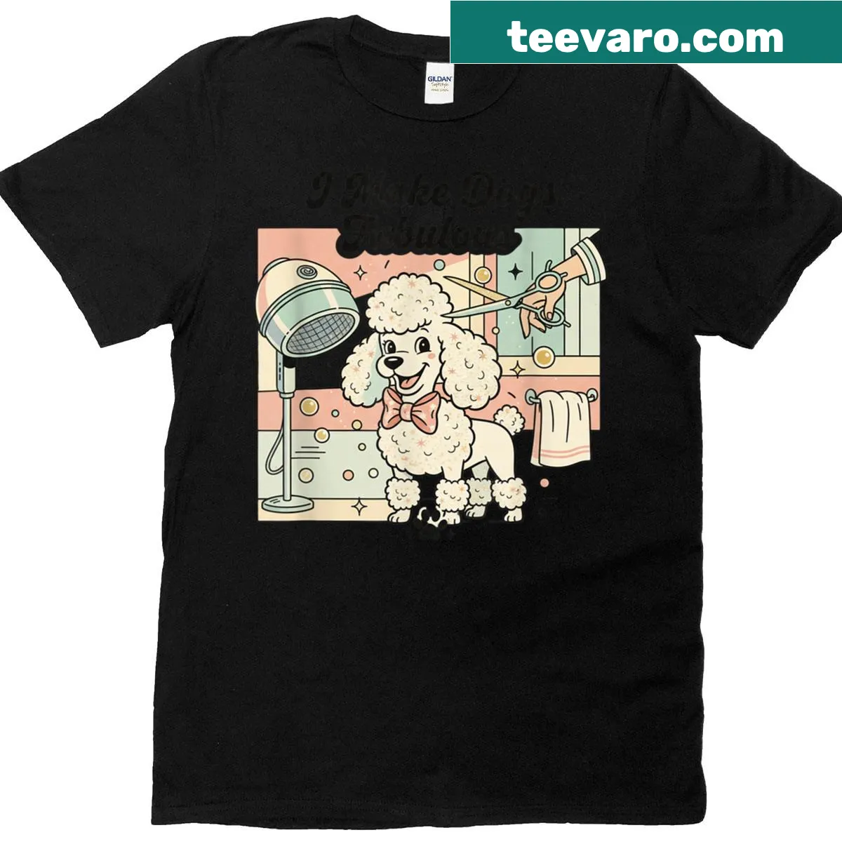 Retro dog grooming t-shirt with poodle design — on a men's t-shirt