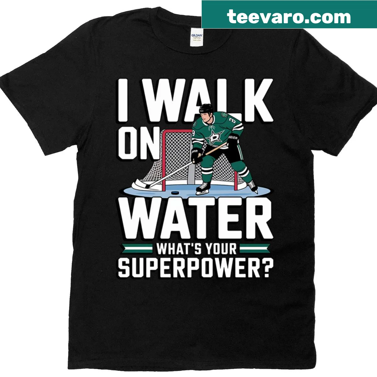 Humorous t-shirt featuring a hockey player graphic and playful text. — on a men's t-shirt