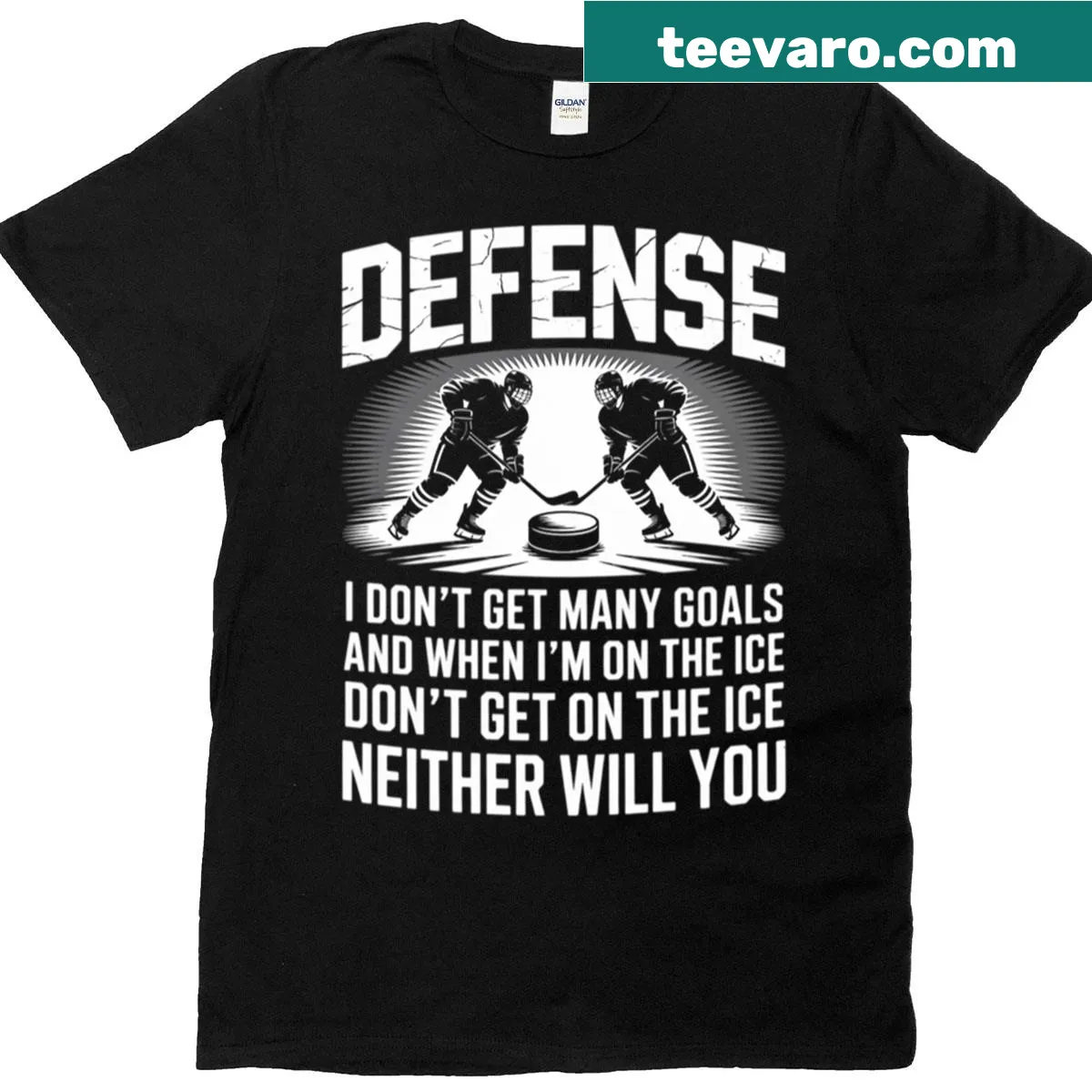Funny t-shirt for ice hockey player with goalie text — on a men's t-shirt