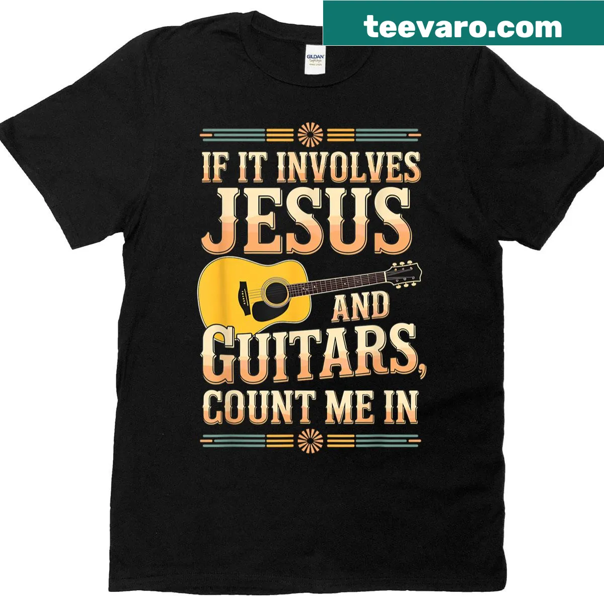 Inspirational shirt about faith and music featuring text about Jesus and guitars — on a men's t-shirt