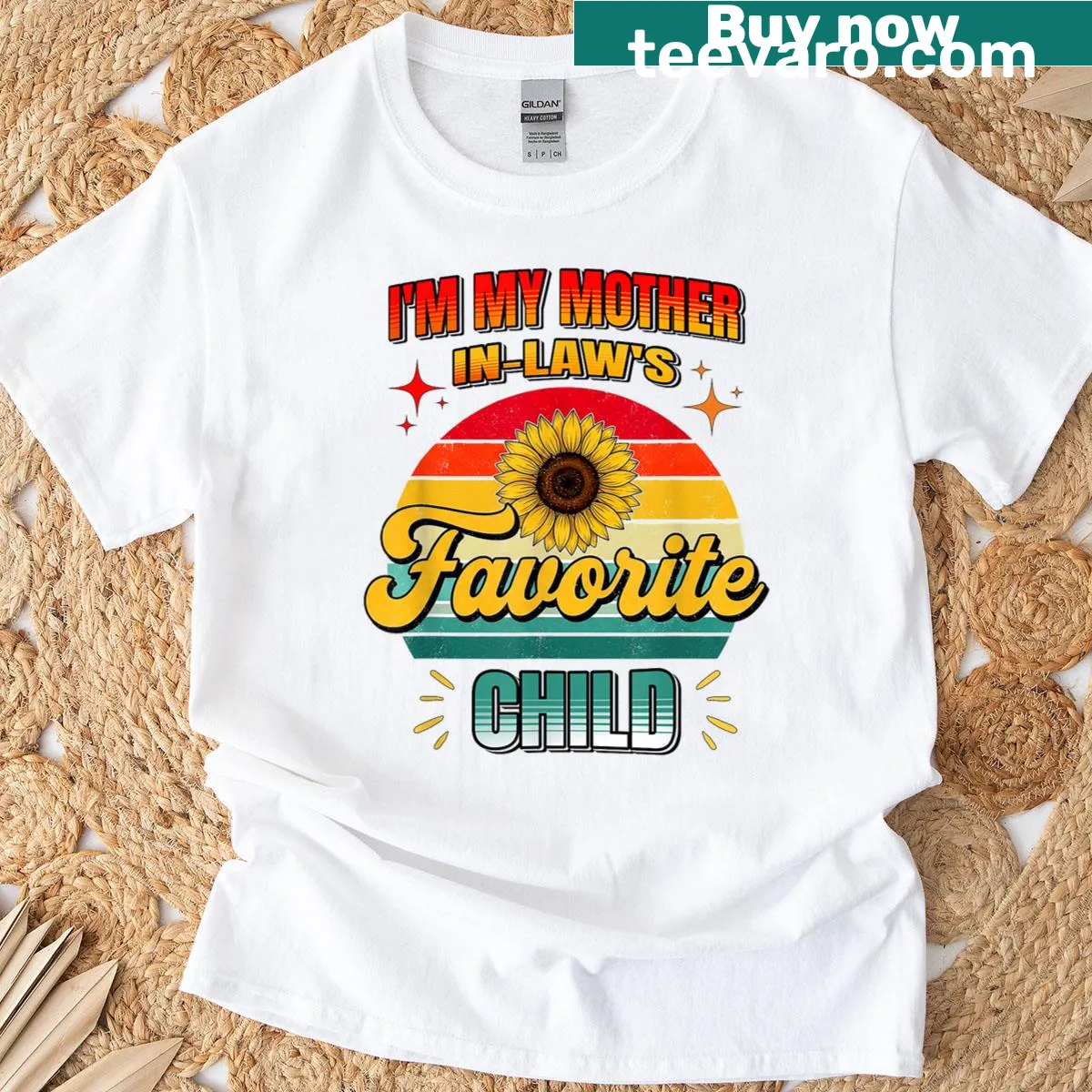 Retro t-shirt with sunset and sunflower design saying 'I'm My Mother In Law's Favorite Child'. — on a men's t-shirt