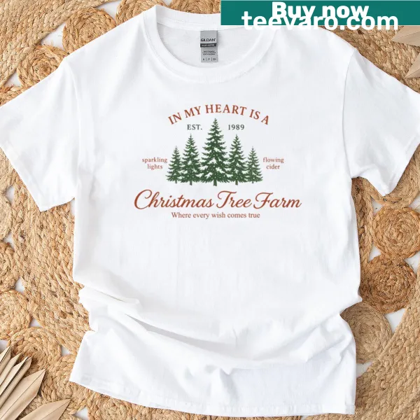 Christmas-themed t-shirt with a Christmas tree farm graphic