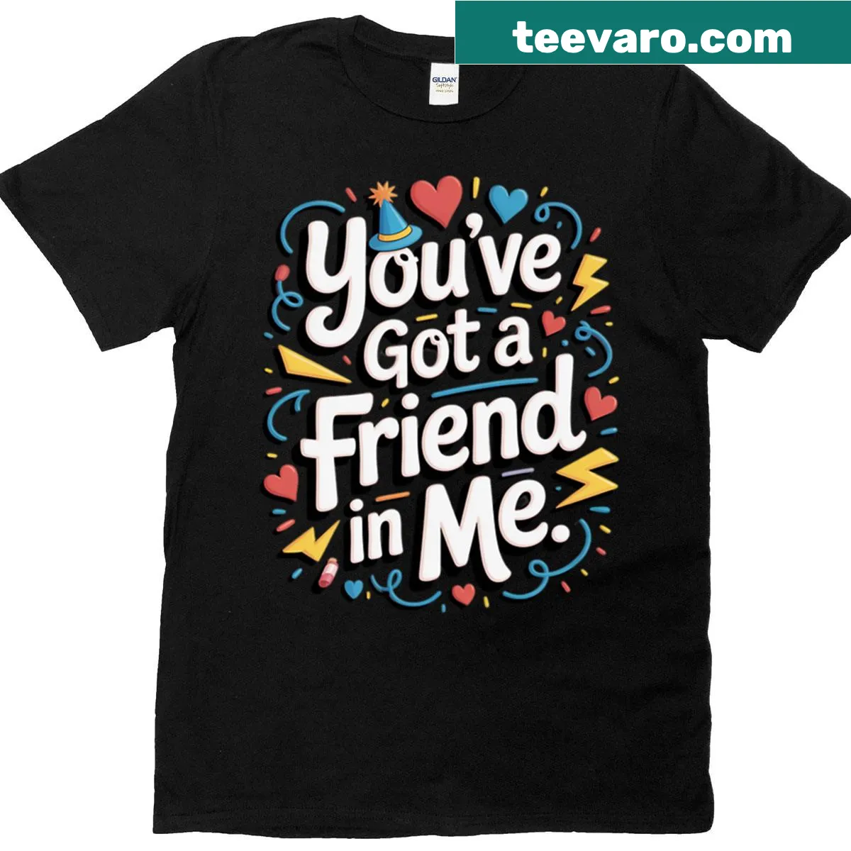 Illustrative friendship-themed t-shirt with 'You've Got A Friend In Me' — on a men's t-shirt