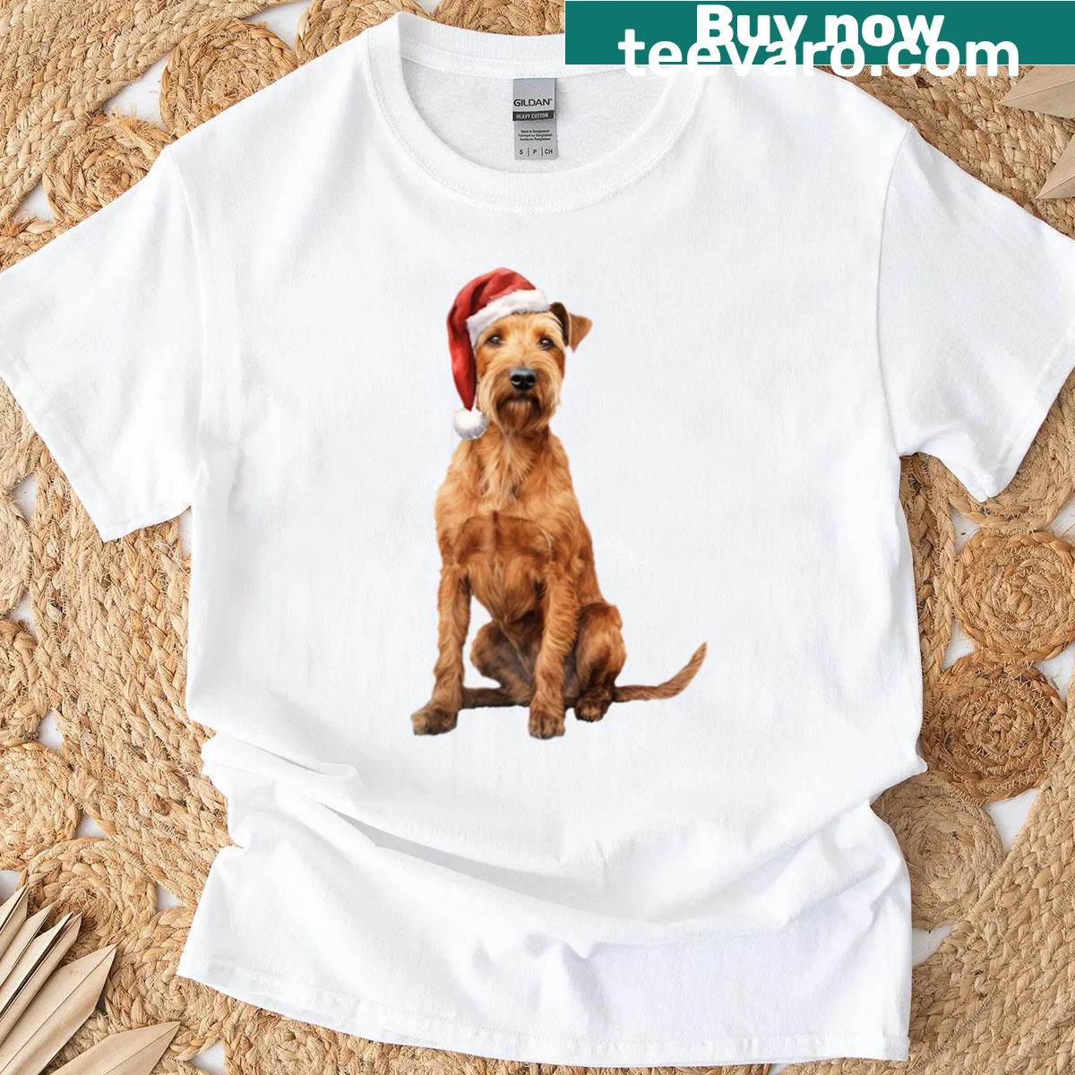 Illustration of an Irish Terrier in a festive Christmas setting — on a men's t-shirt