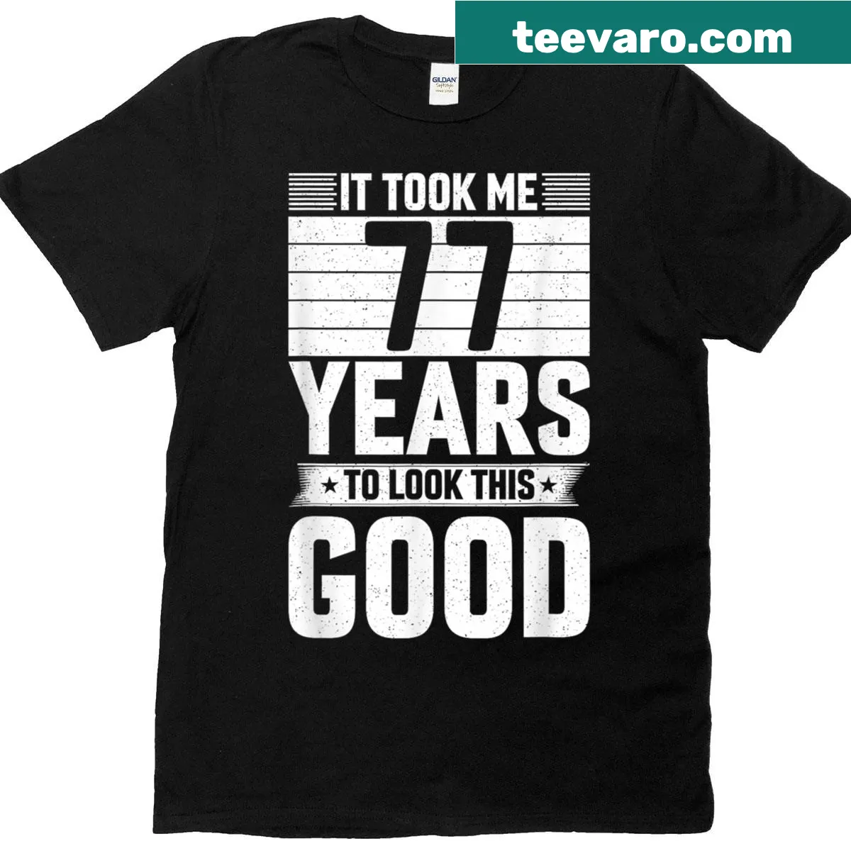 Vintage birthday t-shirt with humorous text for 77th birthday — on a men's t-shirt