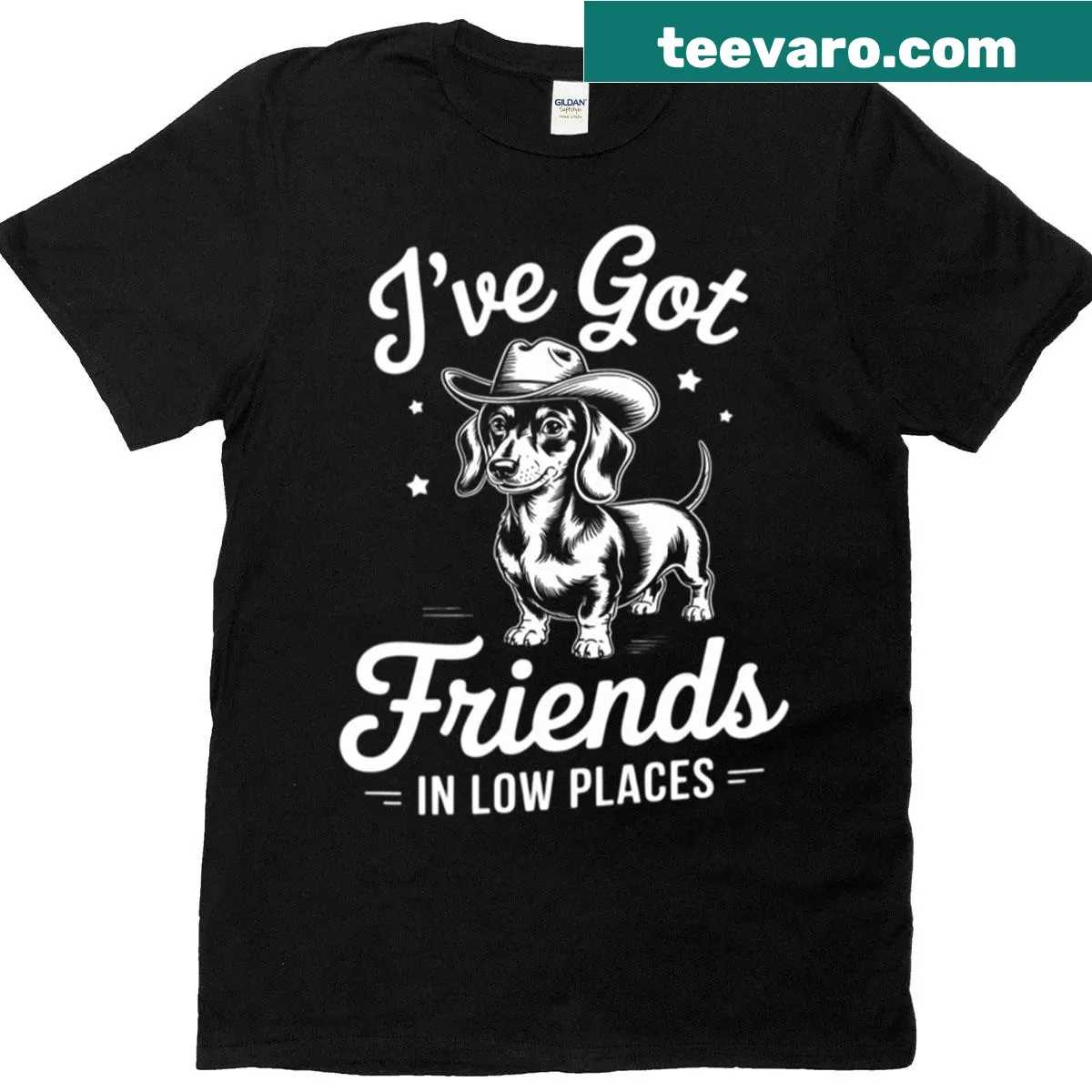 Dachshund cowboy graphic t-shirt with vintage style and humorous text — on a men's t-shirt