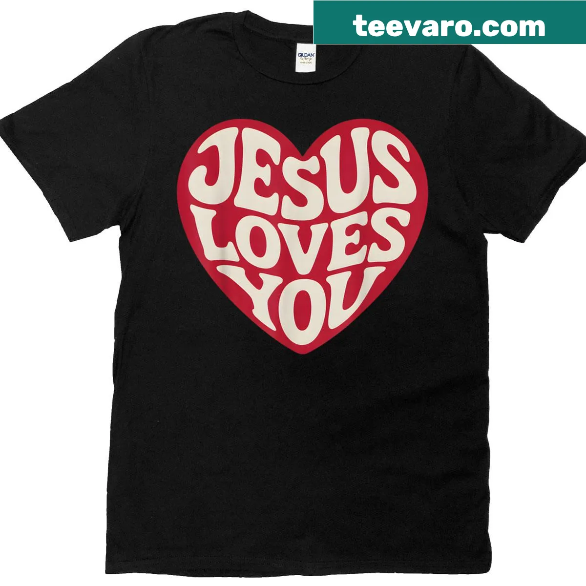Vintage-style Christian t-shirt with 'Jesus Loves You' heart design. — on a men's t-shirt