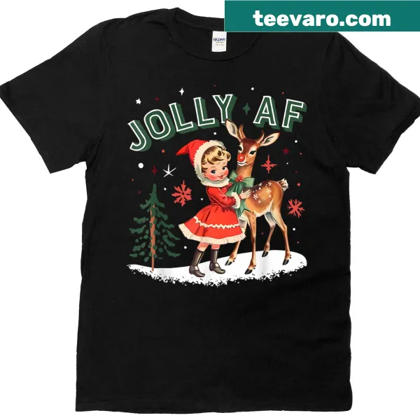 Vintage-style Christmas tee with a cute girl and deer graphic
