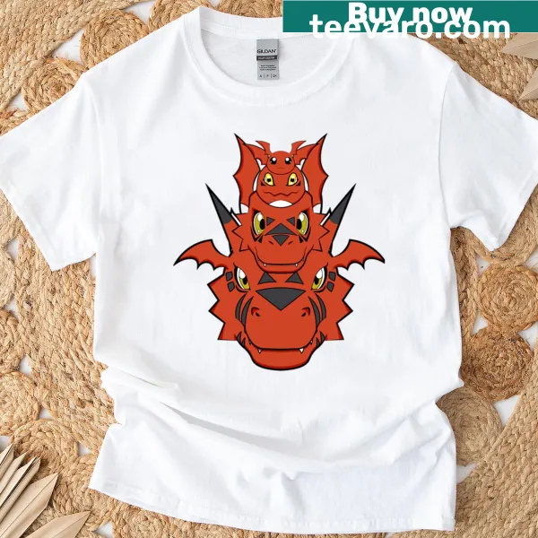 Illustrative T-shirt featuring the evolution of Jyarimon Gigimon Guilmon Growlmon