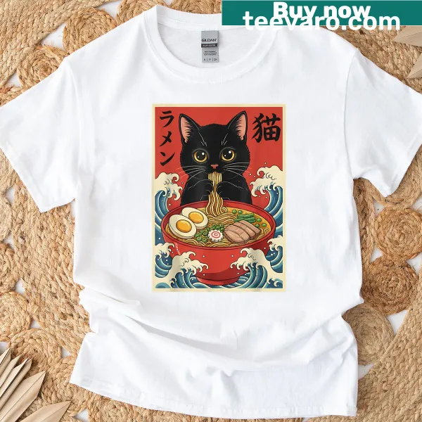 Kawaii t-shirt featuring anime cat with ramen graphic