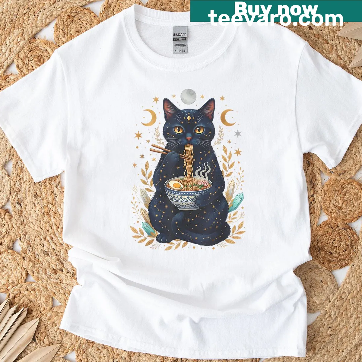 Cute T-shirt with an anime cat and ramen against a moon backdrop — on a men's t-shirt