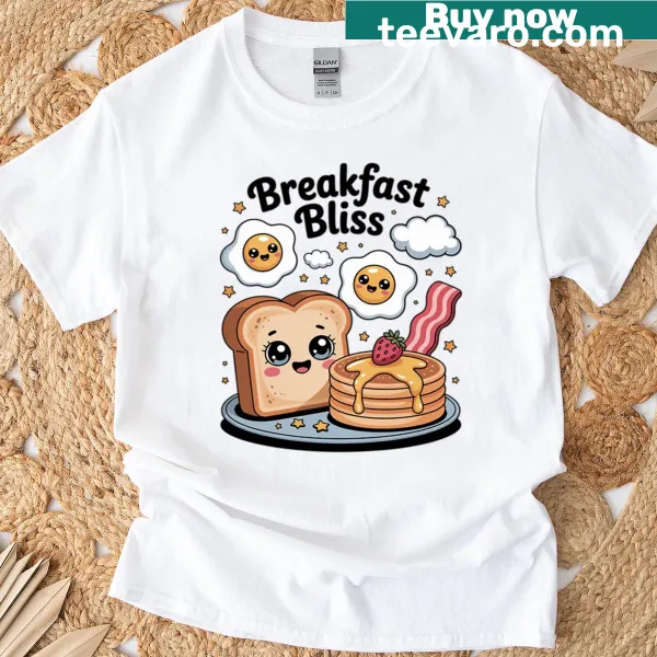 Cute t-shirt with cartoon breakfast friends: pancake, bacon, and eggs