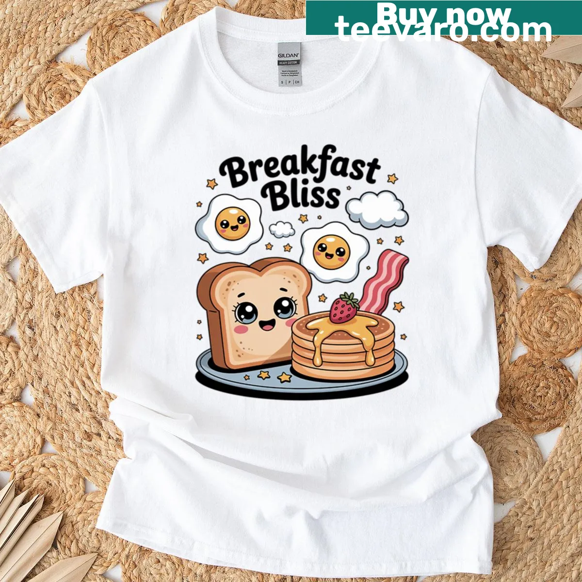 Cute t-shirt with cartoon breakfast friends: pancake, bacon, and eggs — on a men's t-shirt