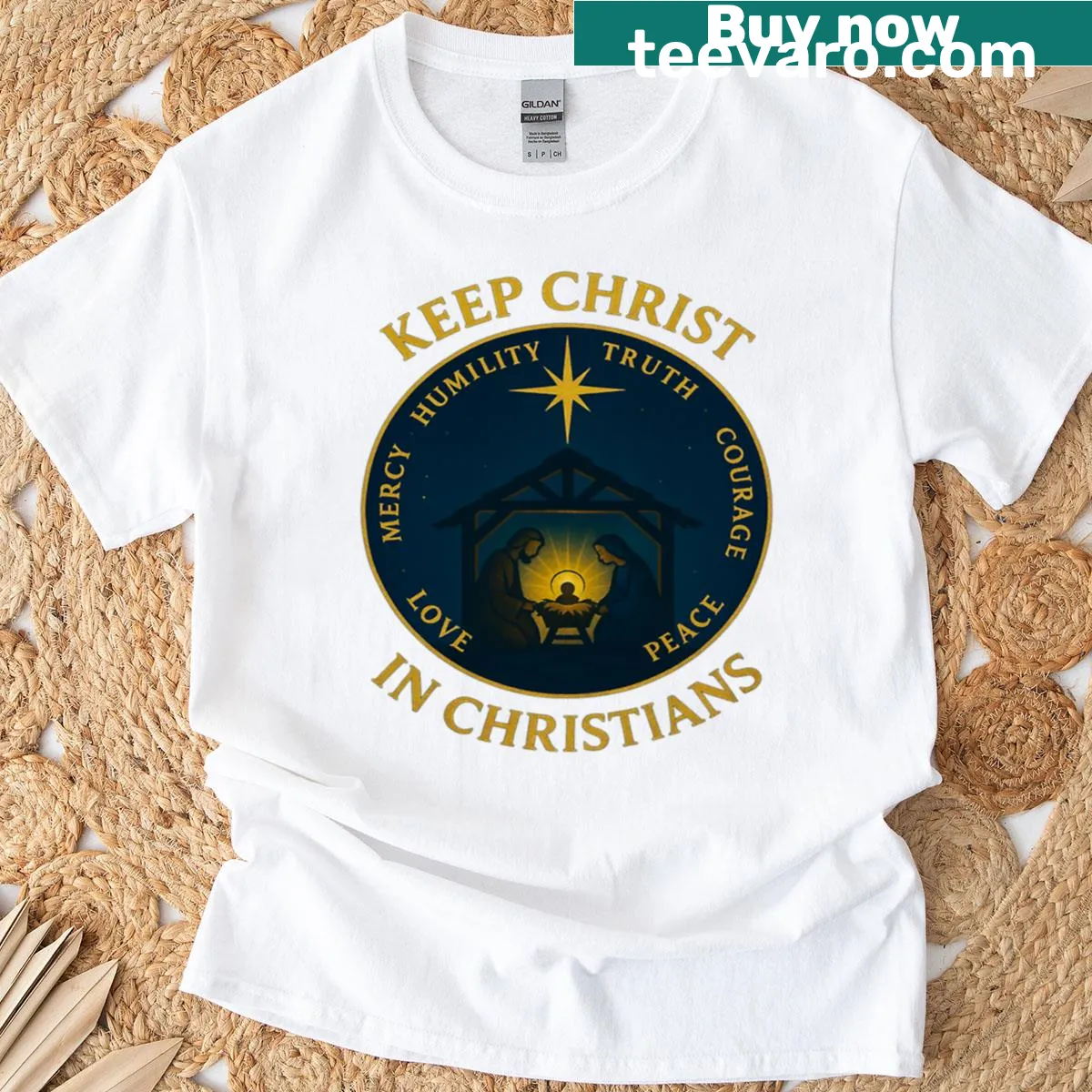Illustrated stained glass nativity scene on a faith-themed t-shirt — on a men's t-shirt