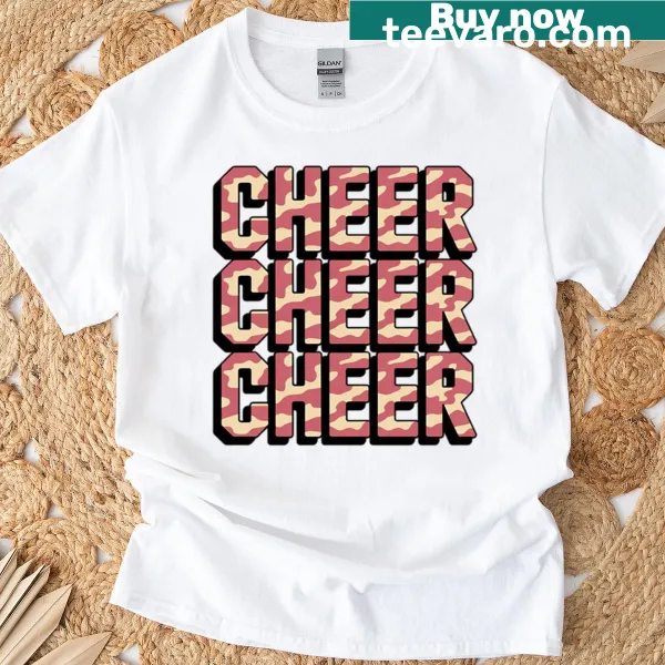 Cute camo cheerleading t-shirt for kids with a playful graphic