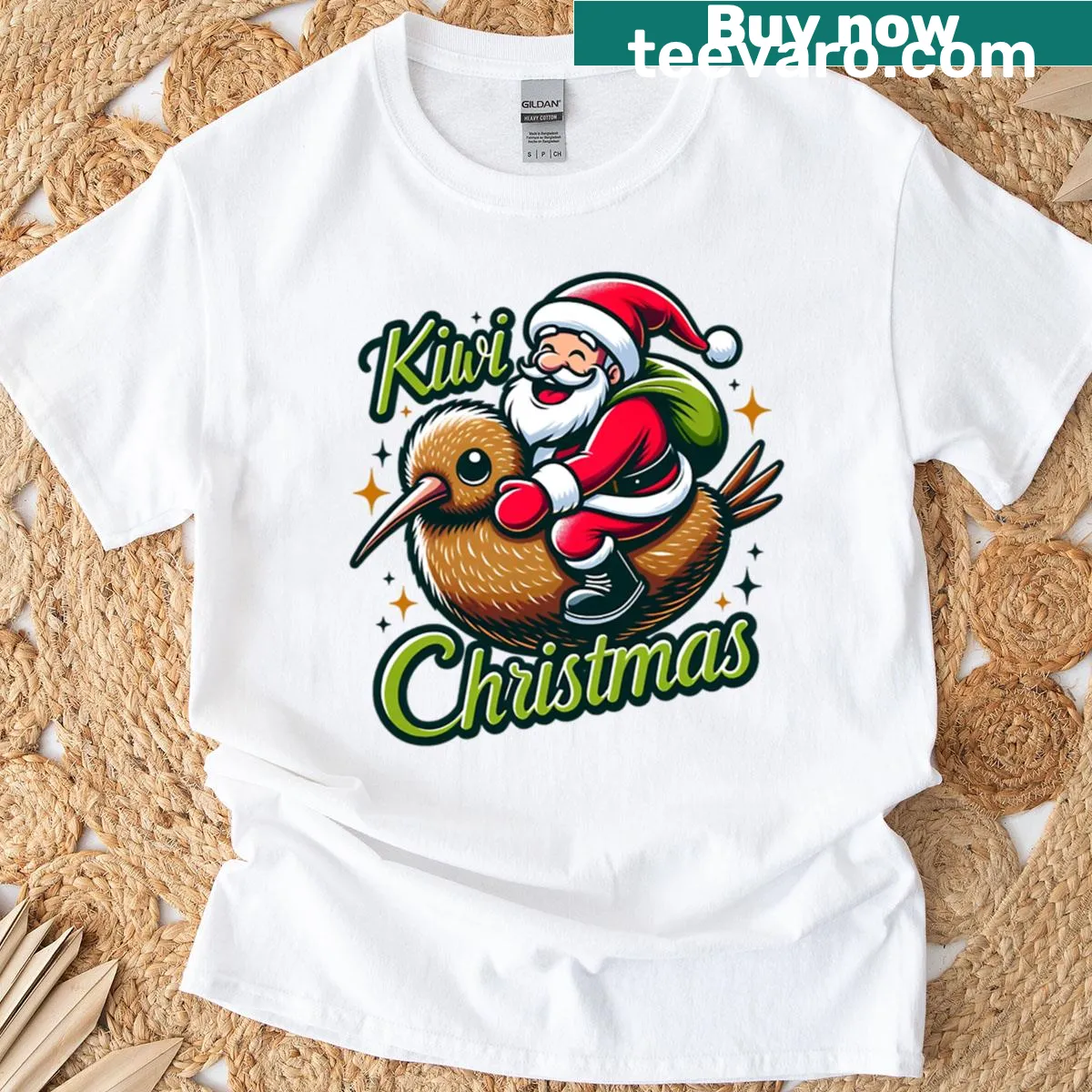 Kiwi Christmas T-shirt featuring a kiwi bird with festive elements — on a men's t-shirt